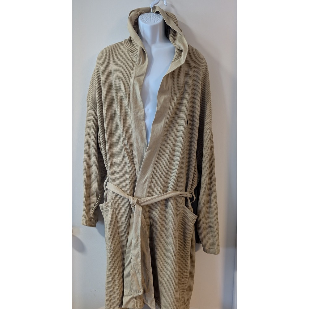 Polo Ralph Lauren Mens Waffle Knit Hooded Robe Tan Beige Large Pony Logo L/XL